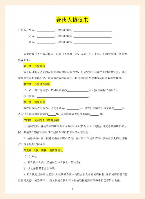 特定项目基础上的协议条款仅供参考，合伙人合作事宜需明确