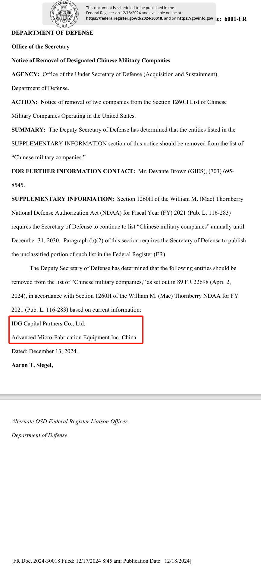 IDG资本被列入中国军事企业清单_中微半导体设备从中国军事企业清单移除_idg vc partners